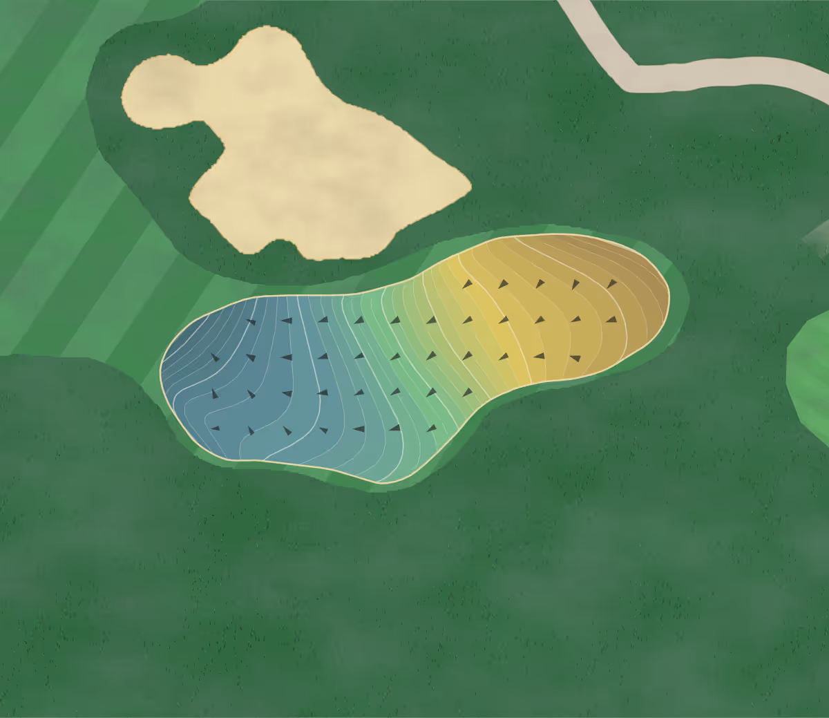 Green contour map of Cypress Point in Pebble Beach, California — 286 elevation contours at a 3-inch interval with fall-line arrows, traced from 1-meter lidar