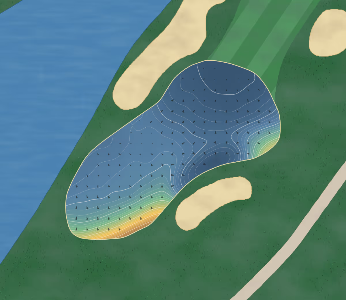 Green contour map of D'Arcy Ranch in Okotoks, Canada: 276 elevation contours at a 8-centimeter interval with fall-line arrows, traced from 1-meter lidar
