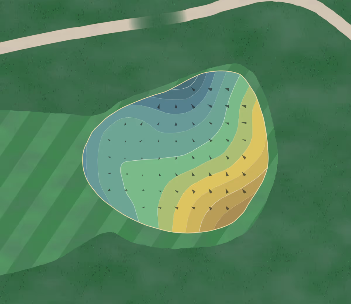 Green contour map of Dad Miller in Anaheim, California — 115 elevation contours at a 3-inch interval with fall-line arrows, traced from 1-meter lidar