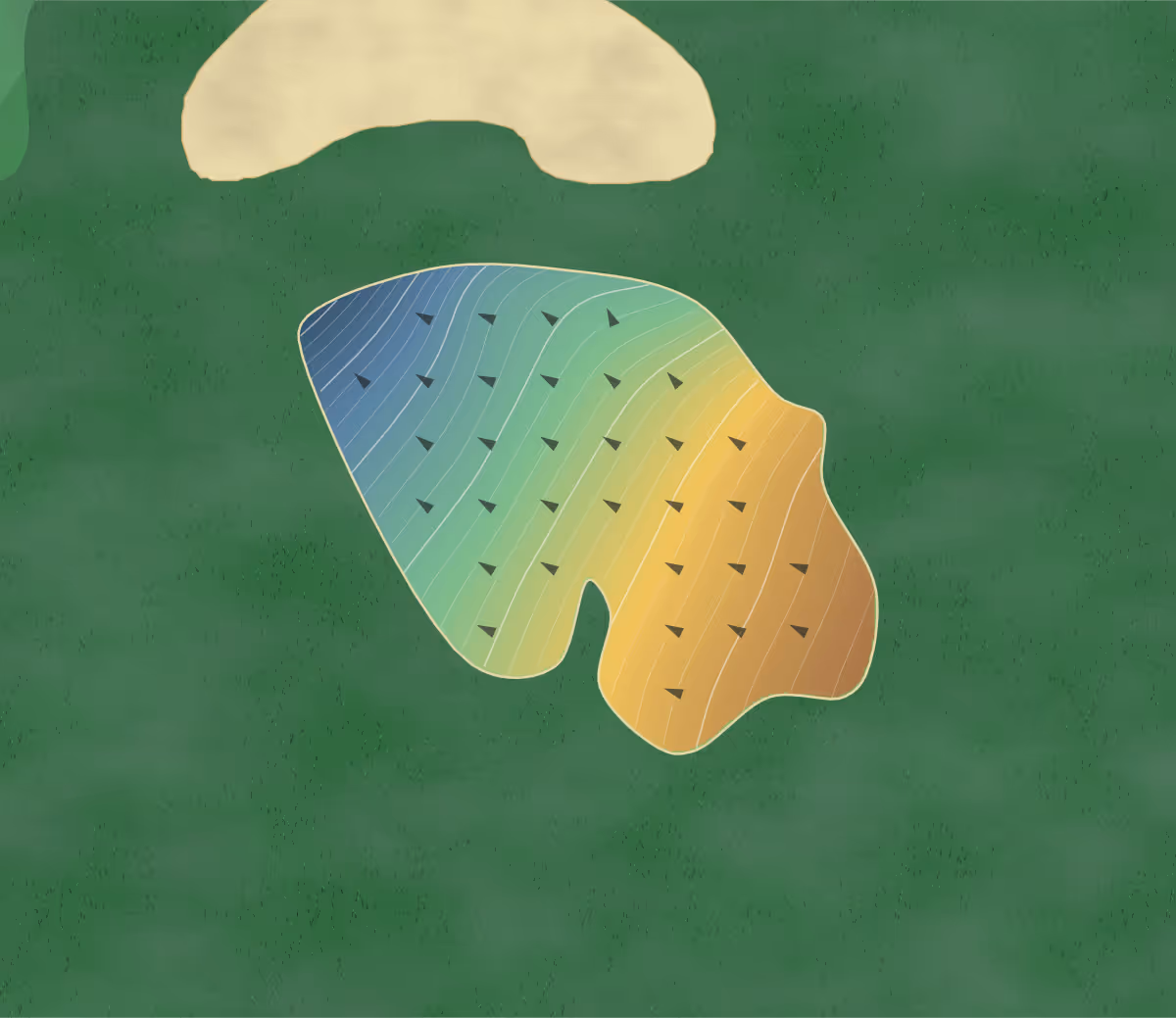 Green contour map of Daily Gujyo in Gujo, Japan: 118 elevation contours at a 8-centimeter interval with fall-line arrows, traced from 1-meter lidar