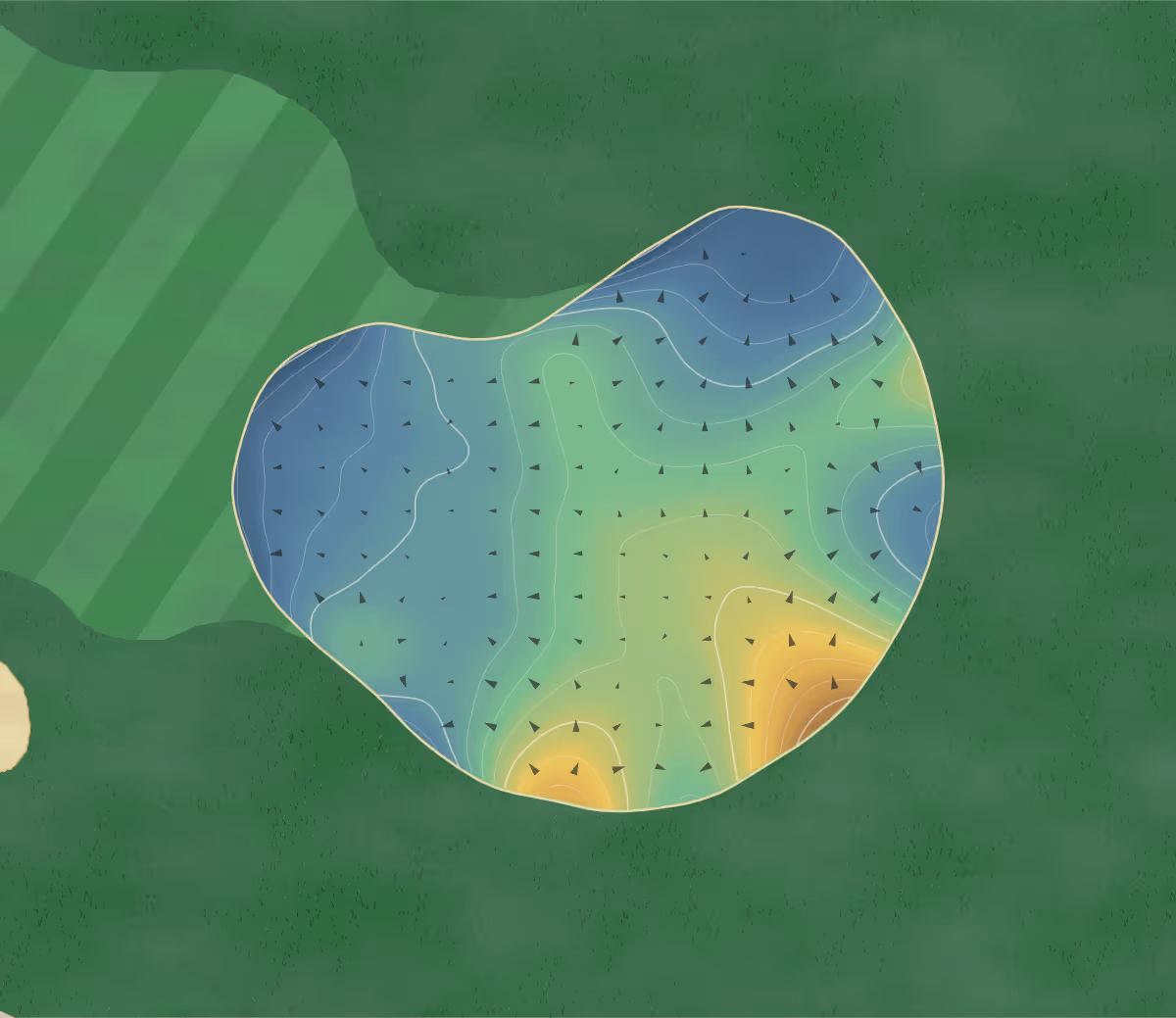 Green contour map of Dakota Dunes in Dakota Dunes, South Dakota: 224 elevation contours at a 3-inch interval with fall-line arrows, traced from 1-meter lidar