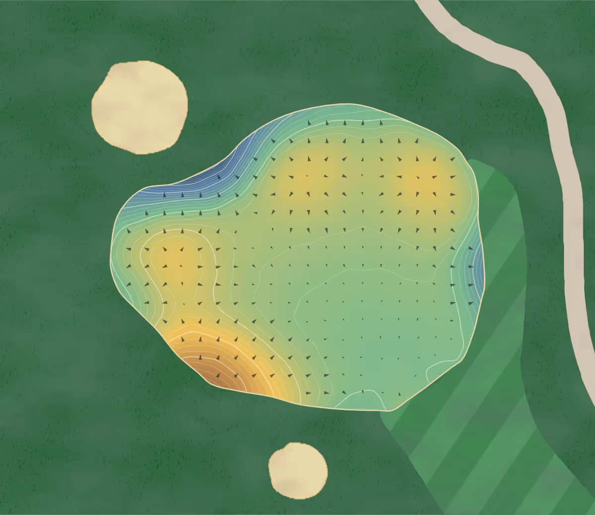 Green contour map of Dakota Dunes in Saskatoon, Canada: 166 elevation contours at a 8-centimeter interval with fall-line arrows, traced from 1-meter lidar