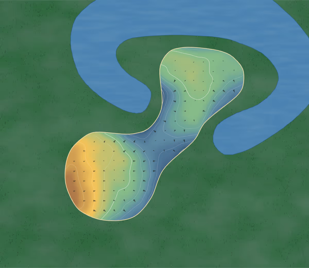 Green contour map of Dakota Landing in Martinsville, Indiana: 75 elevation contours at a 3-inch interval with fall-line arrows, traced from 1-meter lidar