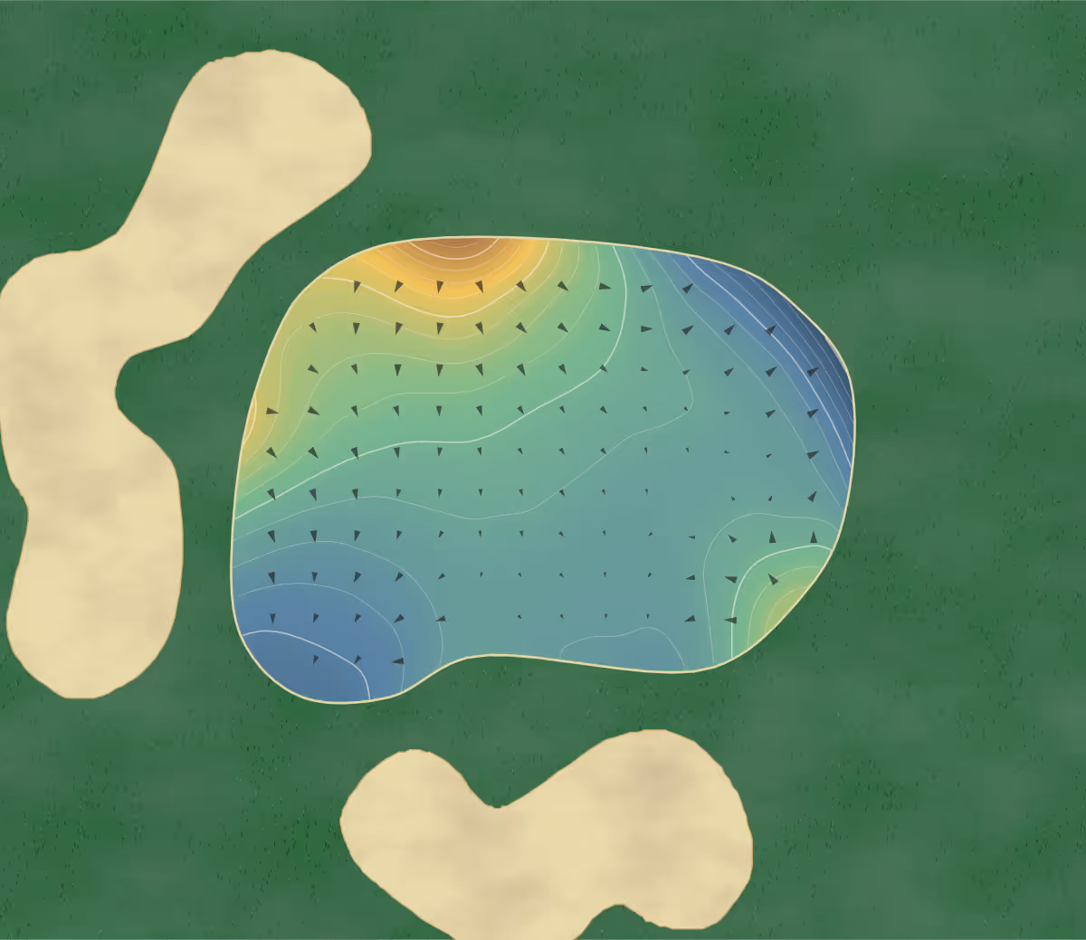 Green contour map of Dale Hill in Ticehurst, England: 168 elevation contours at a 8-centimeter interval with fall-line arrows, traced from 1-meter lidar
