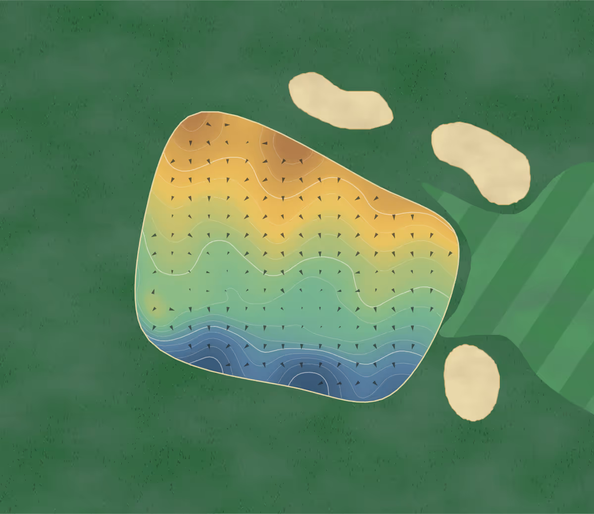 Green contour map of Darlington GC in Darlington, England: 35 elevation contours at a 8-centimeter interval with fall-line arrows, traced from 1-meter lidar