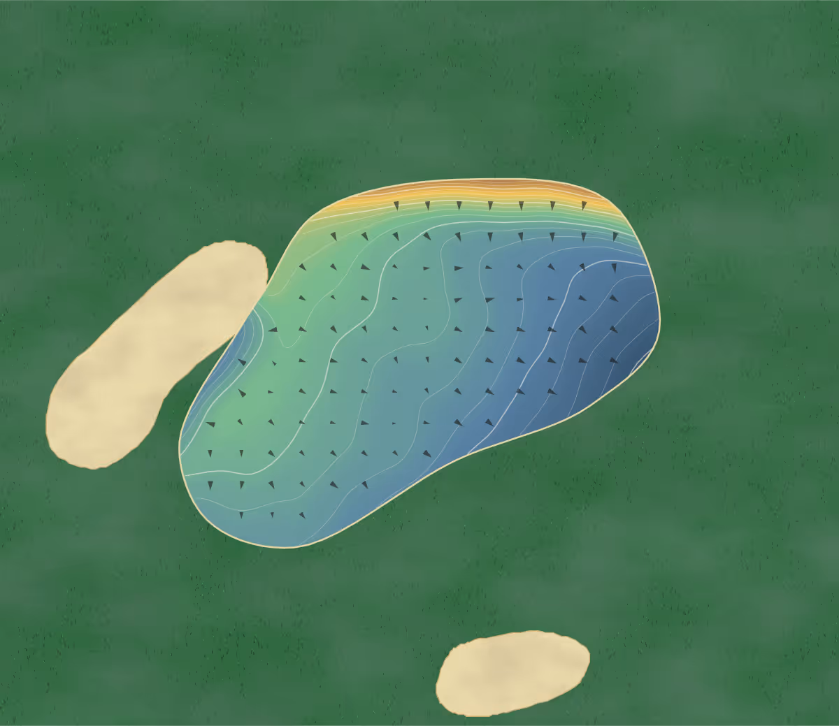 Green contour map of Darnford Moors in Lichfield, England: 105 elevation contours at a 8-centimeter interval with fall-line arrows, traced from 1-meter lidar