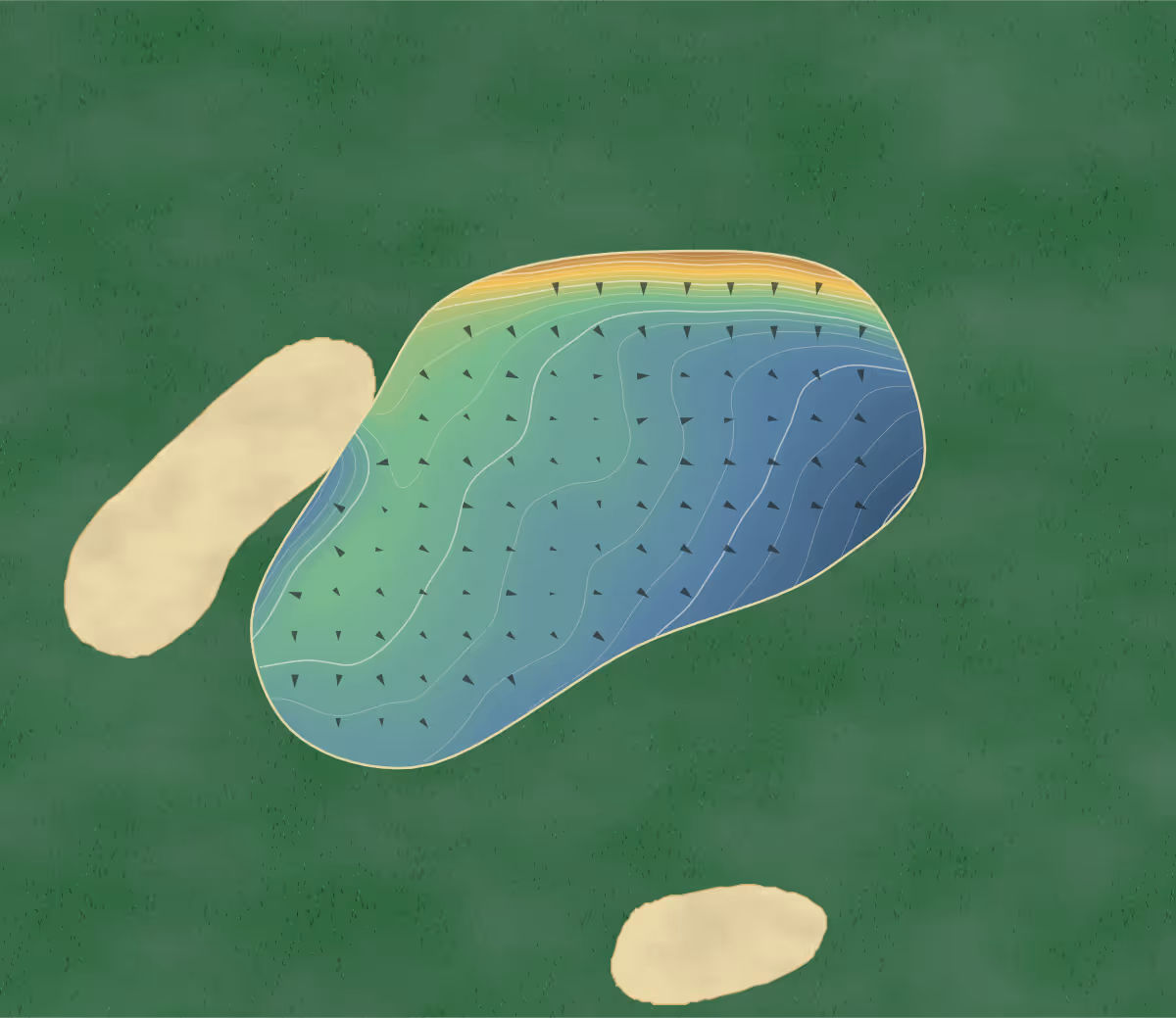 Green contour map of Darnford Moors in Lichfield, England — 105 elevation contours at a 8-centimeter interval with fall-line arrows, traced from 1-meter lidar