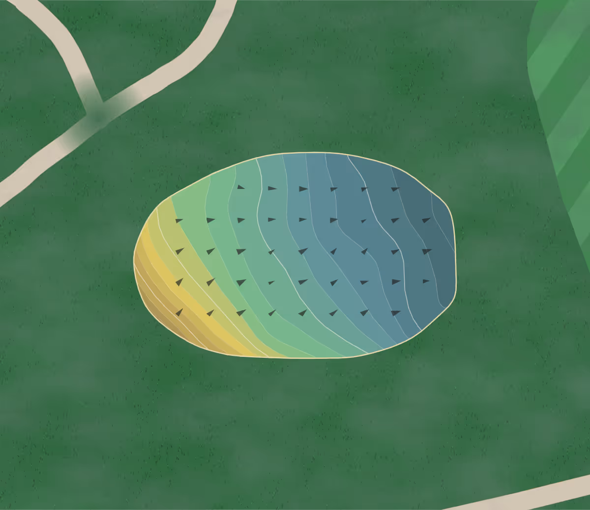 Green contour map of Dayne Glass Municipal Golf Course in Mountain View, Missouri — 172 elevation contours at a 3-inch interval with fall-line arrows, traced from 1-meter lidar