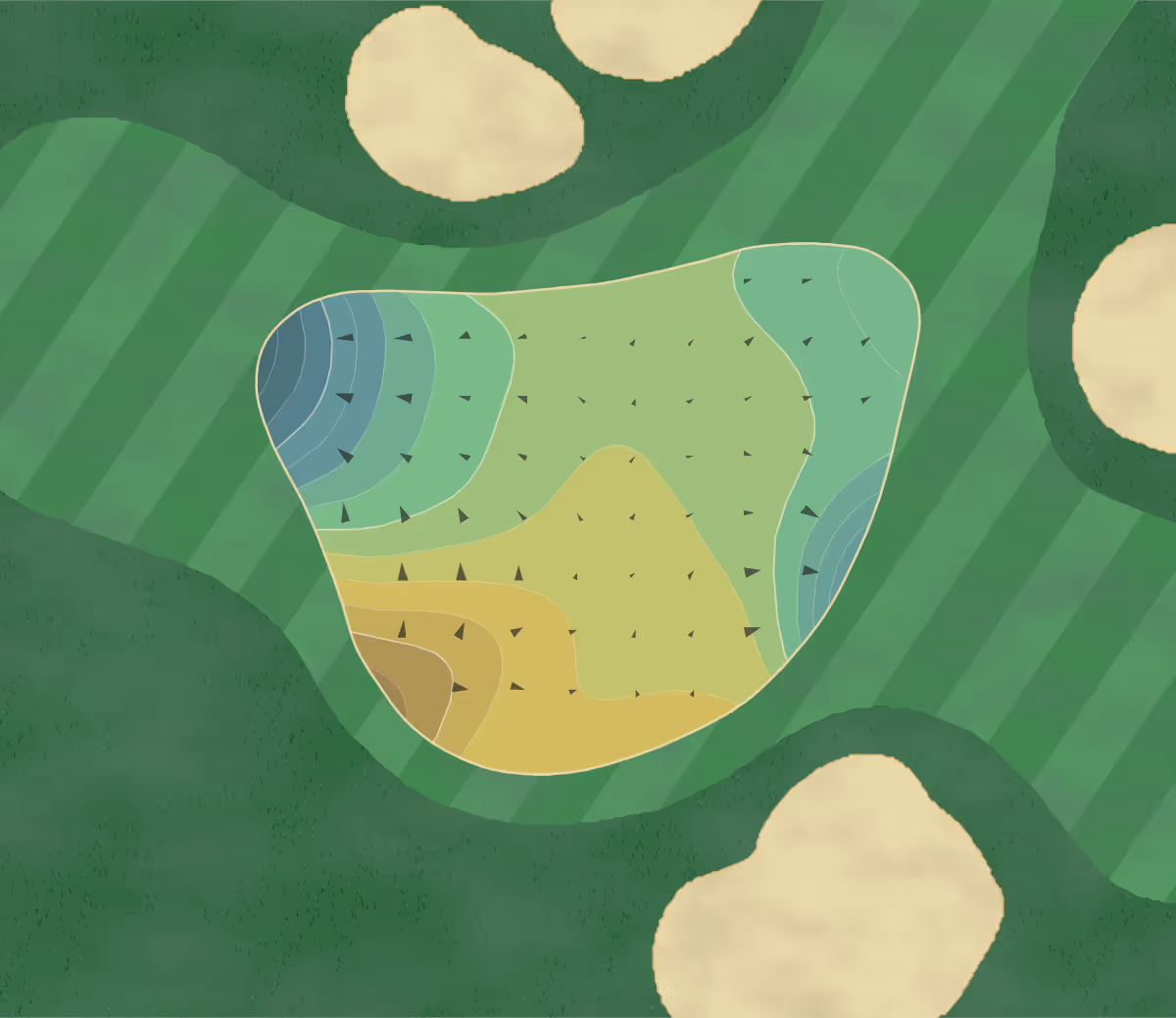 Green contour map of DC Ranch in Scottsdale, Arizona — 29 elevation contours at a 3-inch interval with fall-line arrows, traced from 1-meter lidar