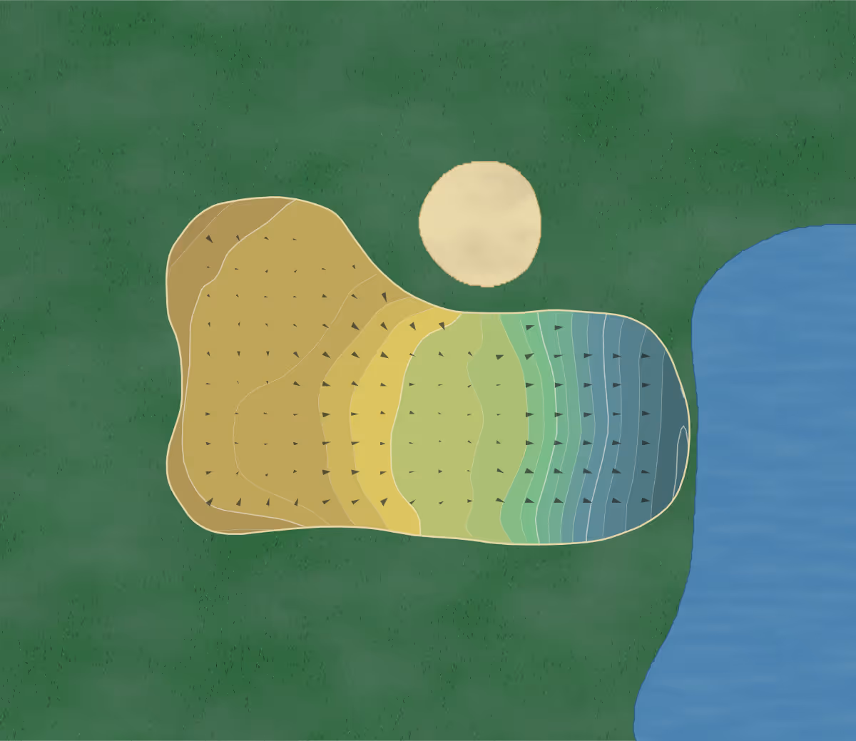 Green contour map of Strijensche in CG Strijen, Netherlands — 77 elevation contours at a 8-centimeter interval with fall-line arrows, traced from 1-meter lidar