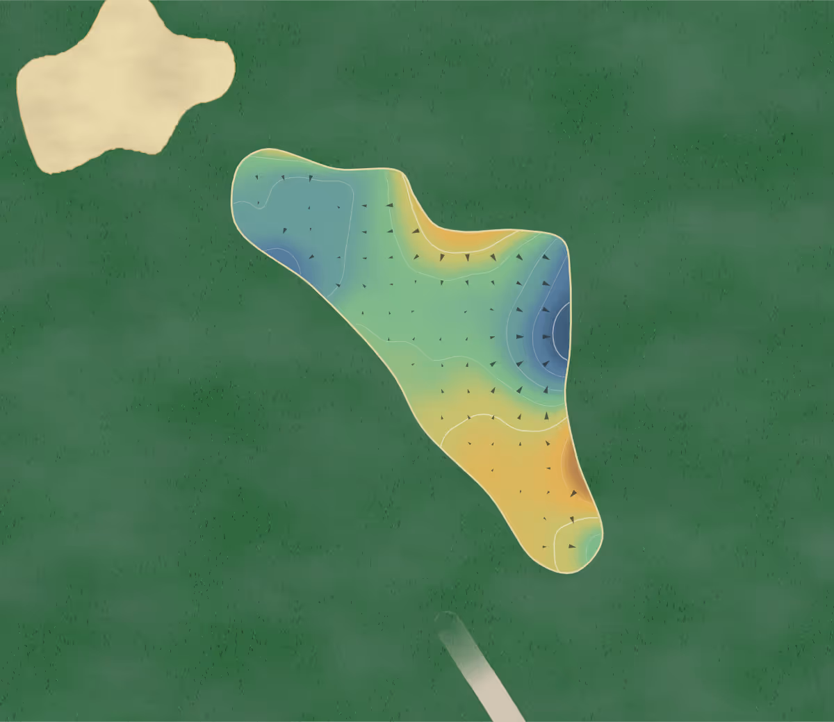 Green contour map of De Vere Wokefield Park Estate (1019389) in Reading, Berkshire, England — 7 elevation contours at a 8-centimeter interval with fall-line arrows, traced from 1-meter lidar
