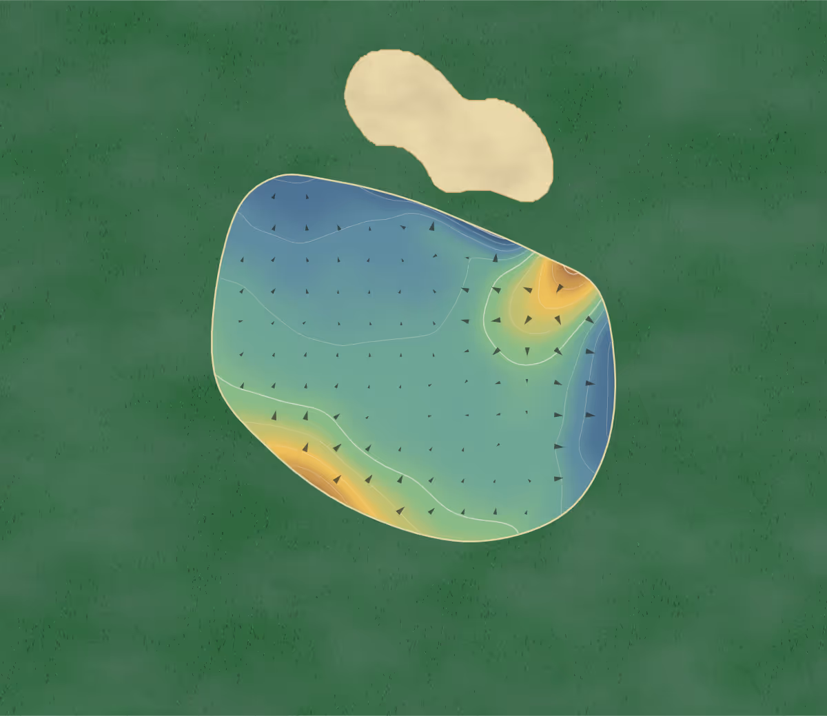 Green contour map of Deanwood Park Golf Course (1005021) in Newbury, Berkshire, England — 44 elevation contours at a 8-centimeter interval with fall-line arrows, traced from 1-meter lidar