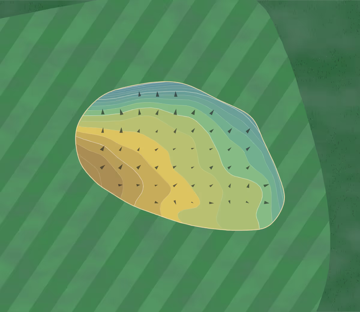 Green contour map of Decatur Golf Club in Decatur, Mississippi — 88 elevation contours at a 3-inch interval with fall-line arrows, traced from 1-meter lidar