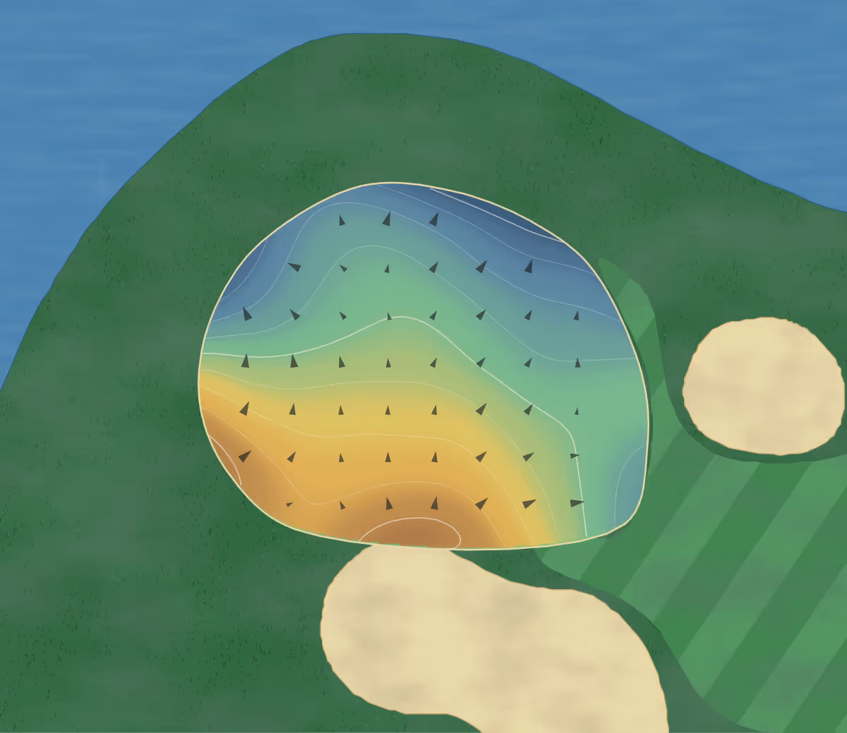 Green contour map of Deep Creek in Punta Gorda, Florida: 135 elevation contours at a 3-inch interval with fall-line arrows, traced from 1-meter lidar