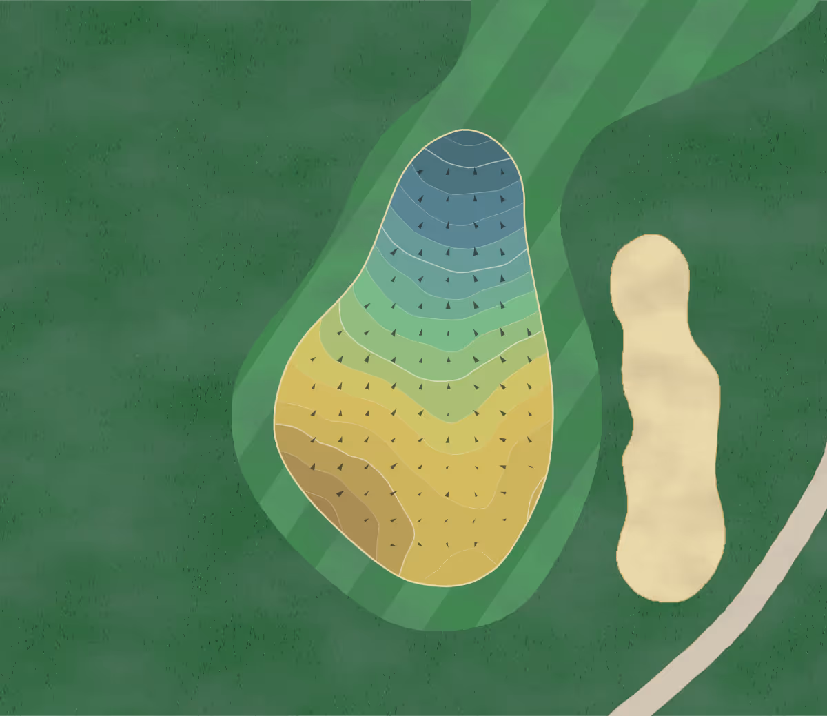 Green contour map of Deer Creek in University Park, Illinois — 205 elevation contours at a 3-inch interval with fall-line arrows, traced from 1-meter lidar