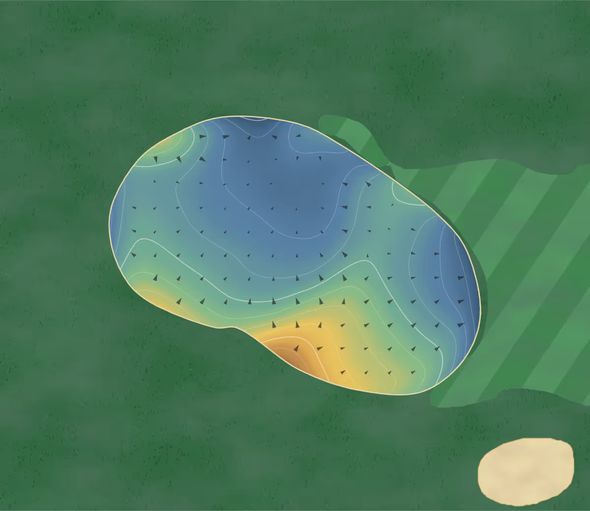 Green contour map of Deer Creek in Littleton, Colorado: 85 elevation contours at a 3-inch interval with fall-line arrows, traced from 1-meter lidar
