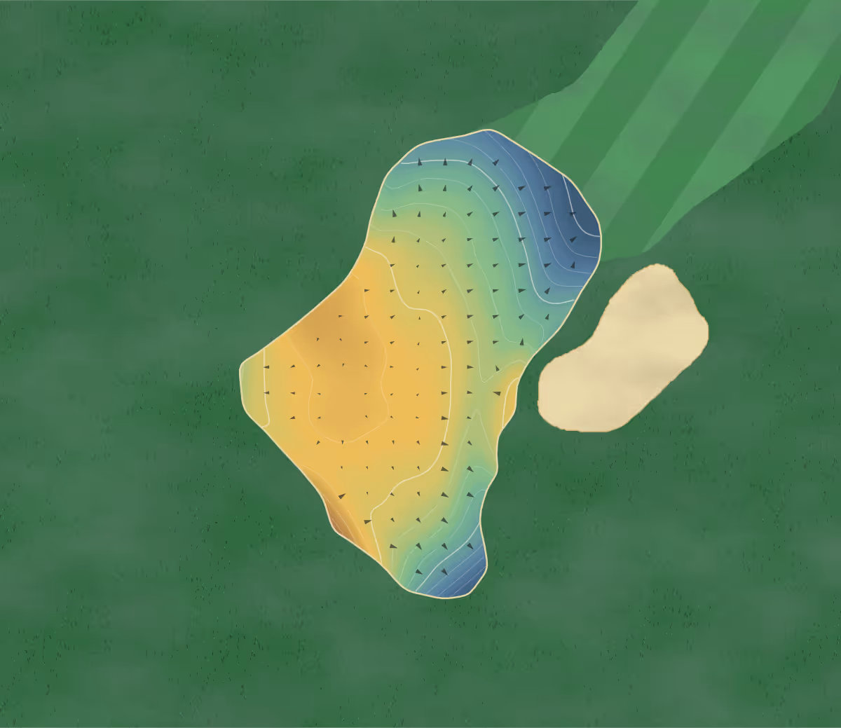Green contour map of Deer Creek in Ajax, Canada: 207 elevation contours at a 8-centimeter interval with fall-line arrows, traced from 1-meter lidar