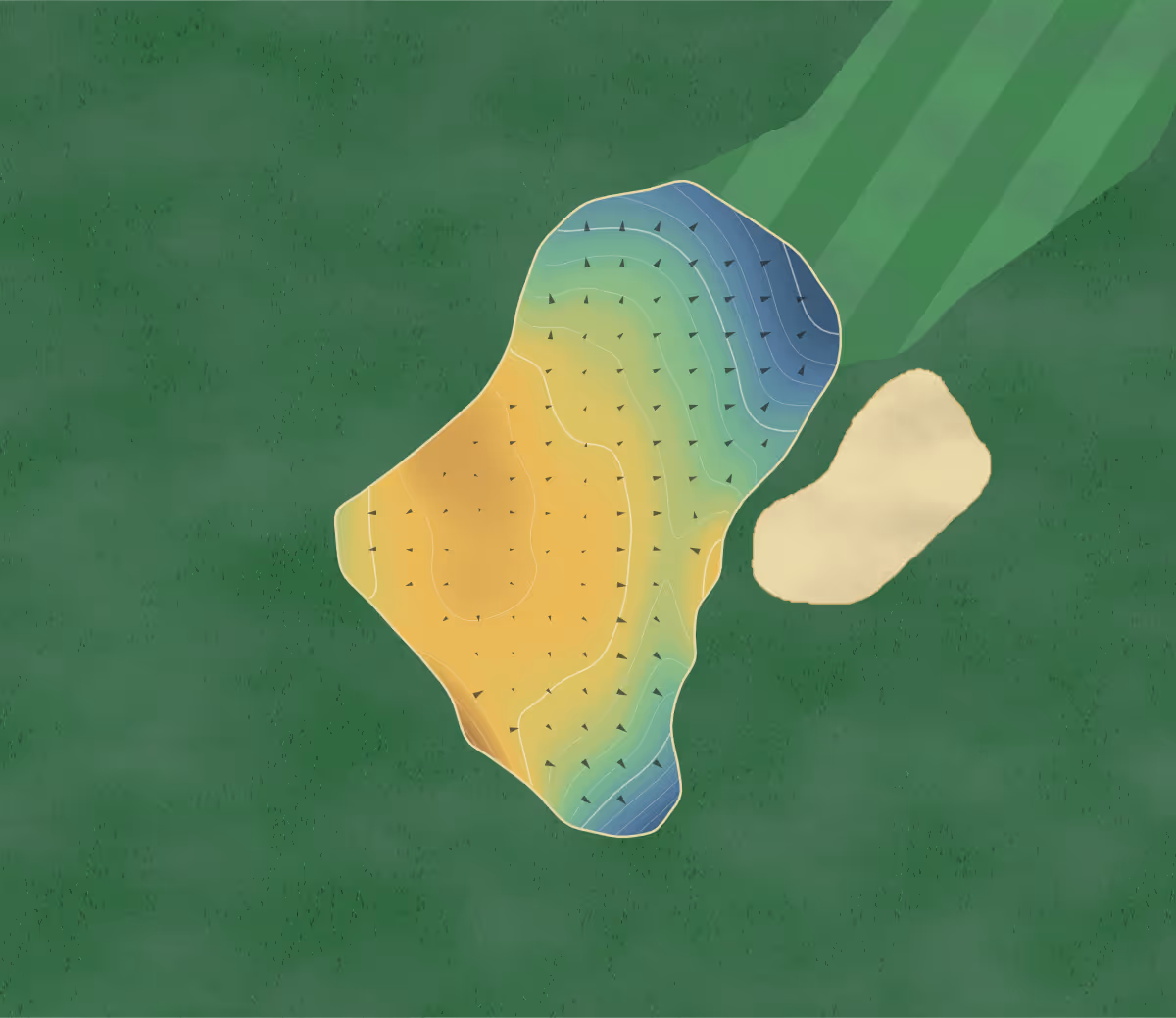 Green contour map of Deer Creek (South) in Ajax, Canada — 206 elevation contours at a 8-centimeter interval with fall-line arrows, traced from 1-meter lidar