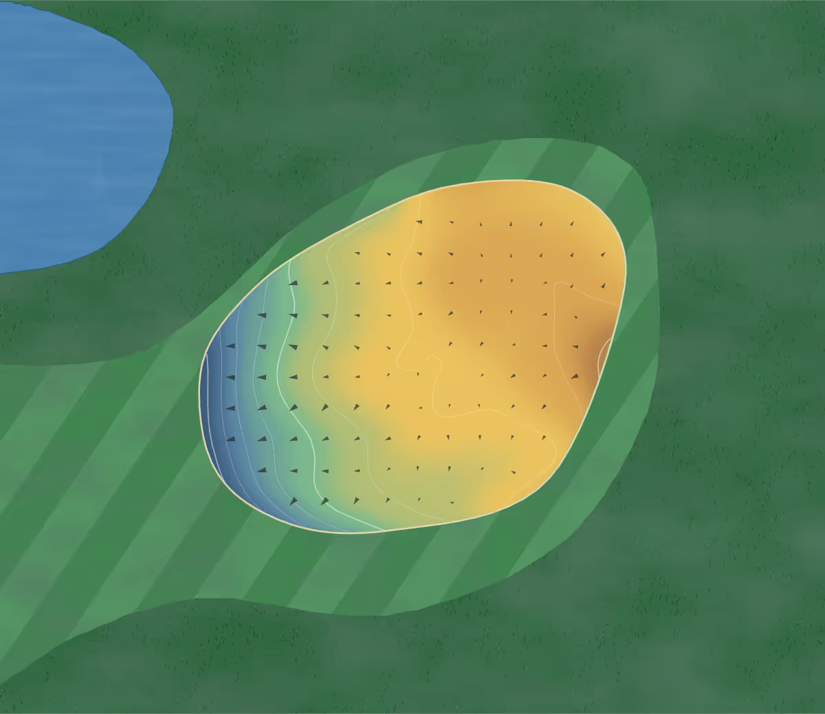 Green contour map of Deer Meadows in Spruce Grove, Canada: 45 elevation contours at a 8-centimeter interval with fall-line arrows, traced from 1-meter lidar