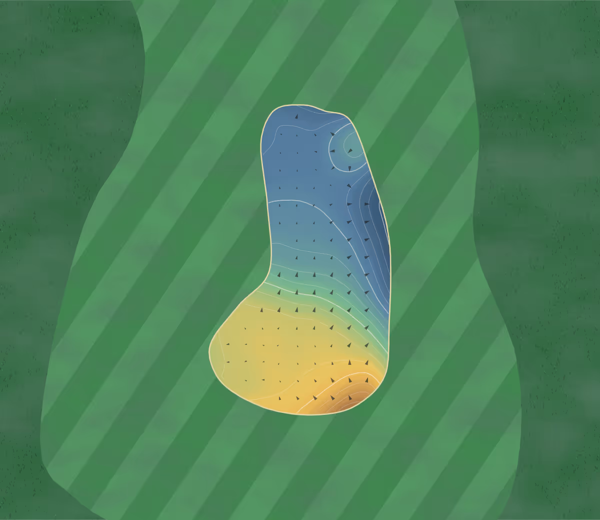Green contour map of Deer Park Golf Club in Howth, Ireland — 182 elevation contours at a 8-centimeter interval with fall-line arrows, traced from 1-meter lidar