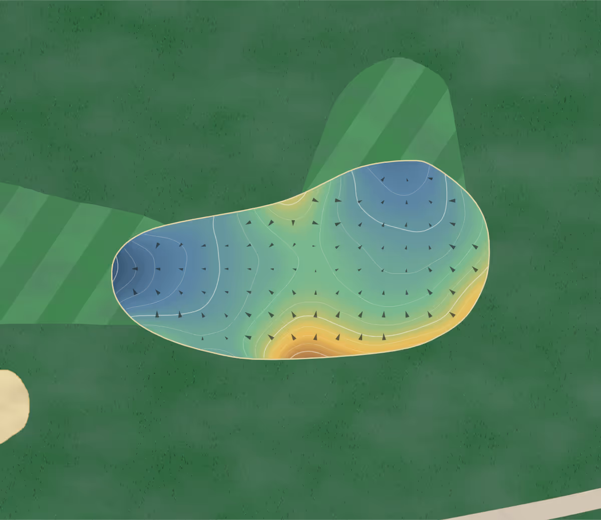 Green contour map of Deer Ridge in Drayton, Canada — 186 elevation contours at a 8-centimeter interval with fall-line arrows, traced from 1-meter lidar