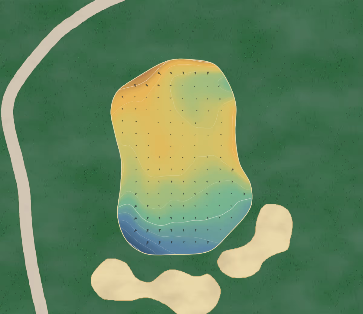 Green contour map of Deer Run in Amherstburg, Canada: 46 elevation contours at a 8-centimeter interval with fall-line arrows, traced from 1-meter lidar