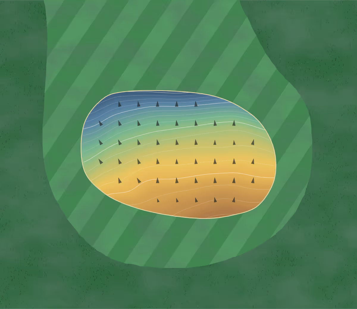 Green contour map of Deer Trails Golf Course in Barling, Arkansas — 93 elevation contours at a 3-inch interval with fall-line arrows, traced from 1-meter lidar