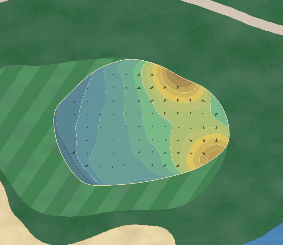 Green contour map of Deercreek CC in Jacksonville, Florida — 188 elevation contours at a 3-inch interval with fall-line arrows, traced from 1-meter lidar