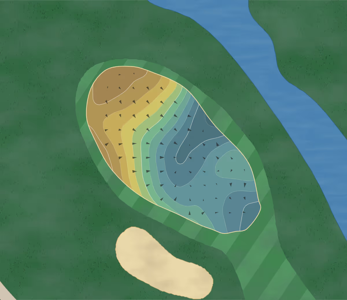 Green contour map of Deerfield East in Brockport, New York — 136 elevation contours at a 3-inch interval with fall-line arrows, traced from 1-meter lidar