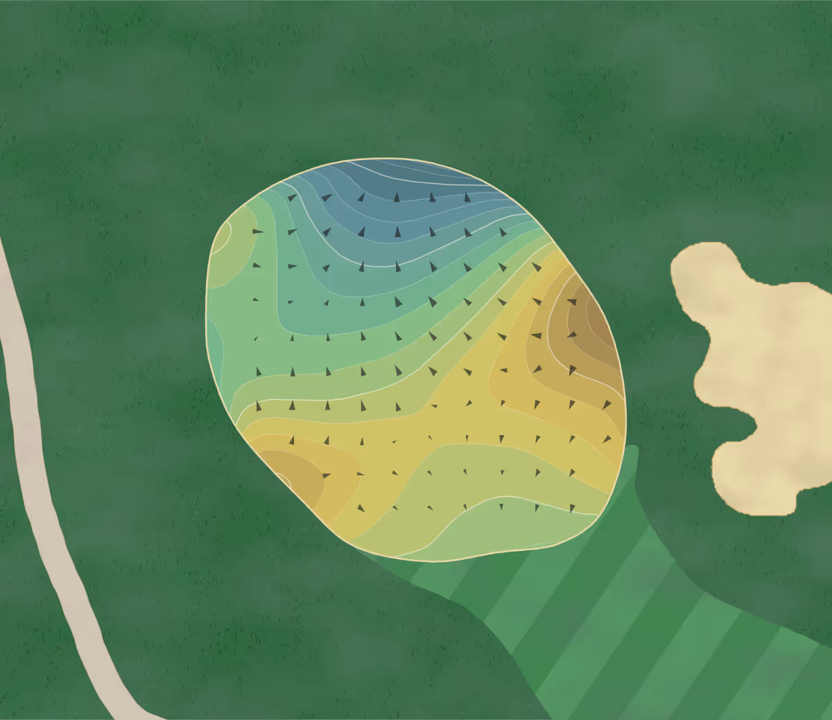 Green contour map of Deerfield GC in Newark, Delaware — 246 elevation contours at a 3-inch interval with fall-line arrows, traced from 1-meter lidar