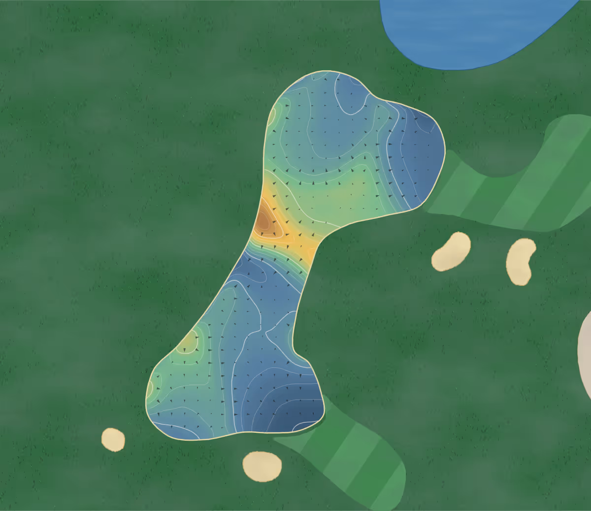 Green contour map of Deerhurst Highlands in Huntsville, Canada: 261 elevation contours at a 8-centimeter interval with fall-line arrows, traced from 1-meter lidar