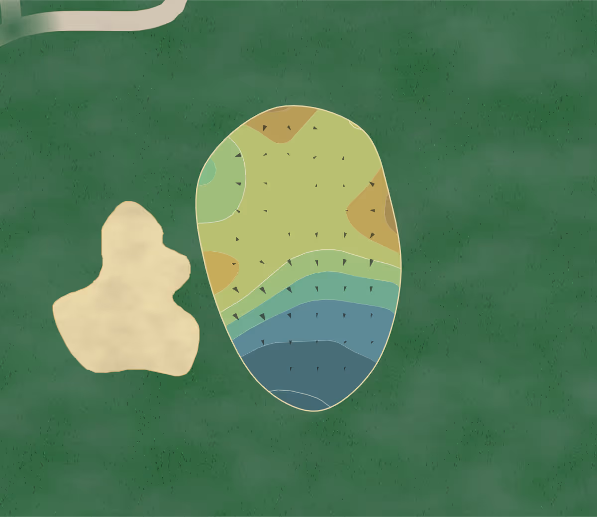 Green contour map of Deering Bay in Coral Gables, Florida — 104 elevation contours at a 3-inch interval with fall-line arrows, traced from 1-meter lidar