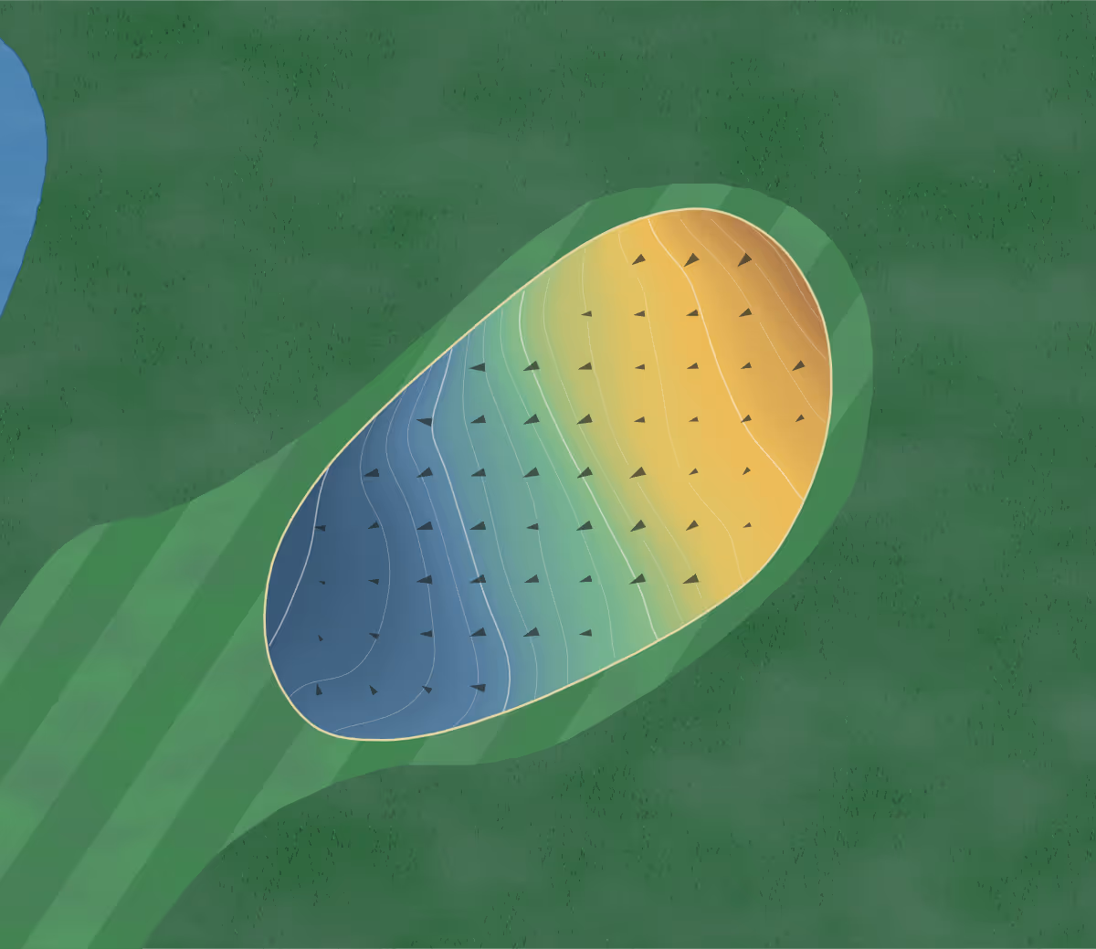 Green contour map of Del Tura in North Fort Myers, Florida: 215 elevation contours at a 3-inch interval with fall-line arrows, traced from 1-meter lidar