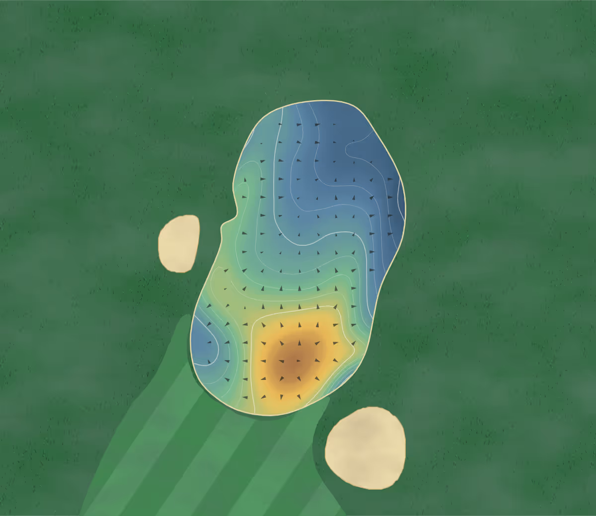 Green contour map of Delahunt in Treherne, Canada: 77 elevation contours at a 8-centimeter interval with fall-line arrows, traced from 1-meter lidar