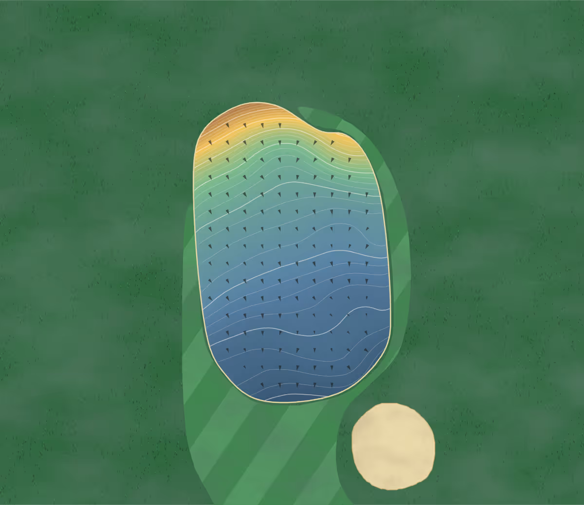 Green contour map of Delgany in Greystones, Ireland: 179 elevation contours at a 8-centimeter interval with fall-line arrows, traced from 1-meter lidar