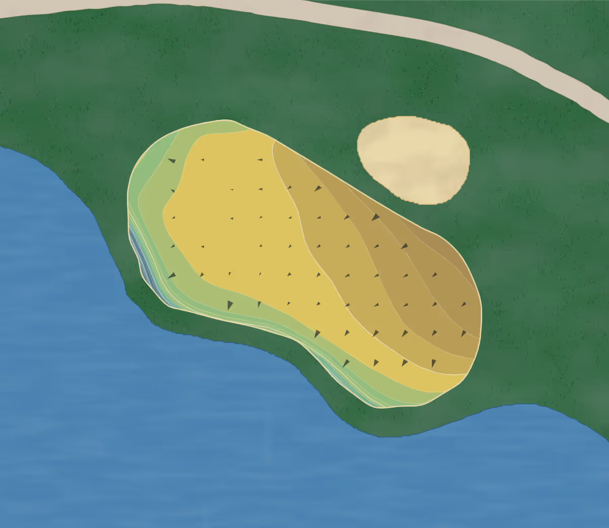 Green contour map of Dell Urich in Tucson, Arizona — 298 elevation contours at a 3-inch interval with fall-line arrows, traced from 1-meter lidar