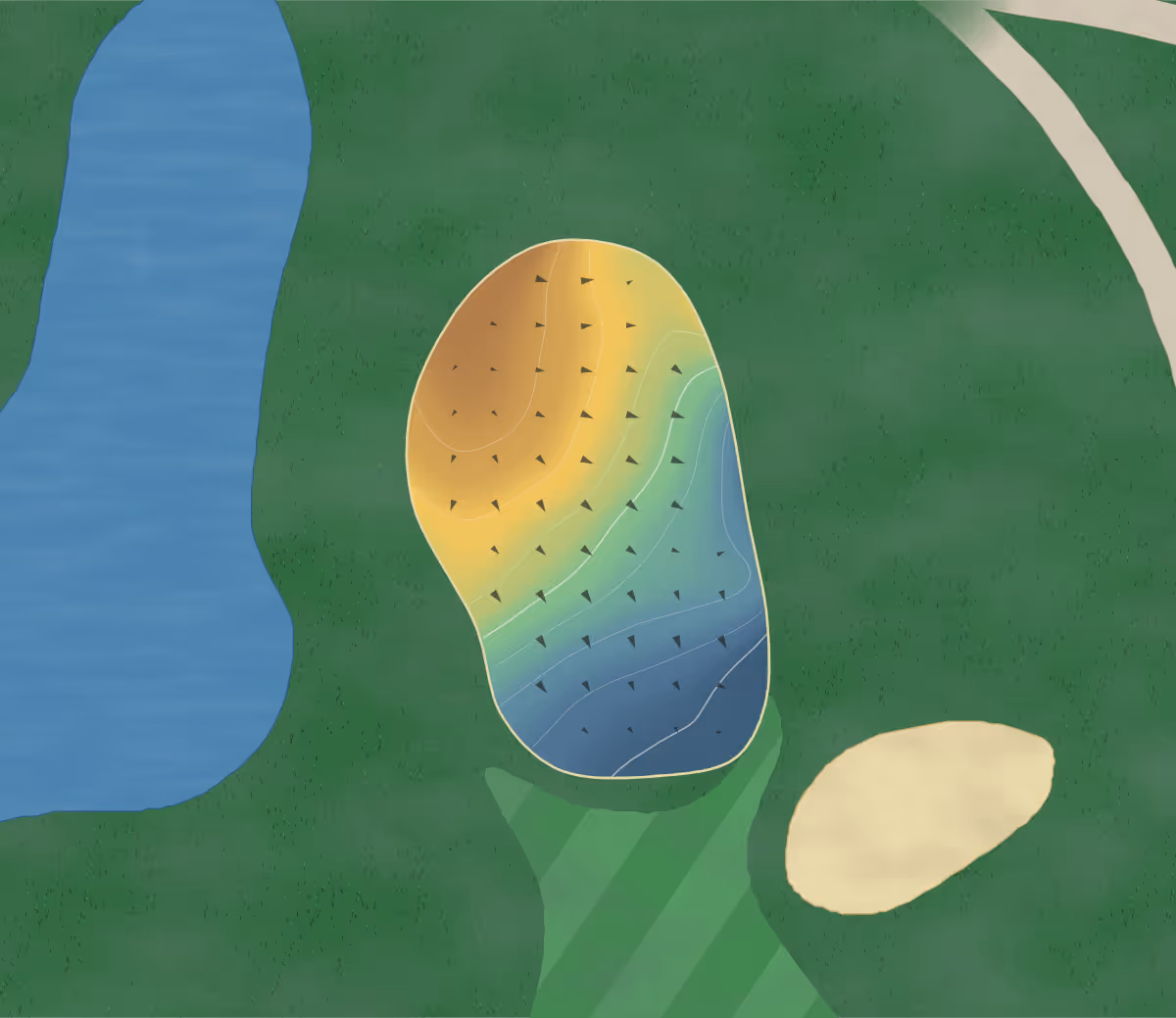 Green contour map of Delta Golf Club in Delta, Canada: 8 elevation contours at a 8-centimeter interval with fall-line arrows, traced from 1-meter lidar