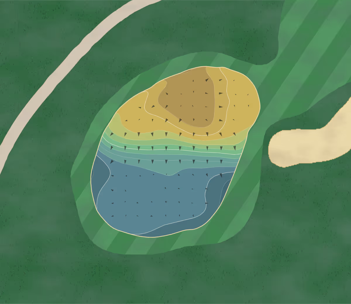 Green contour map of Den Brae in Sanbornton, New Hampshire — 70 elevation contours at a 3-inch interval with fall-line arrows, traced from 1-meter lidar