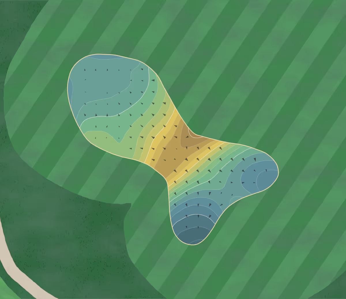 Green contour map of Den Fox in Bloomington, Illinois — 210 elevation contours at a 3-inch interval with fall-line arrows, traced from 1-meter lidar