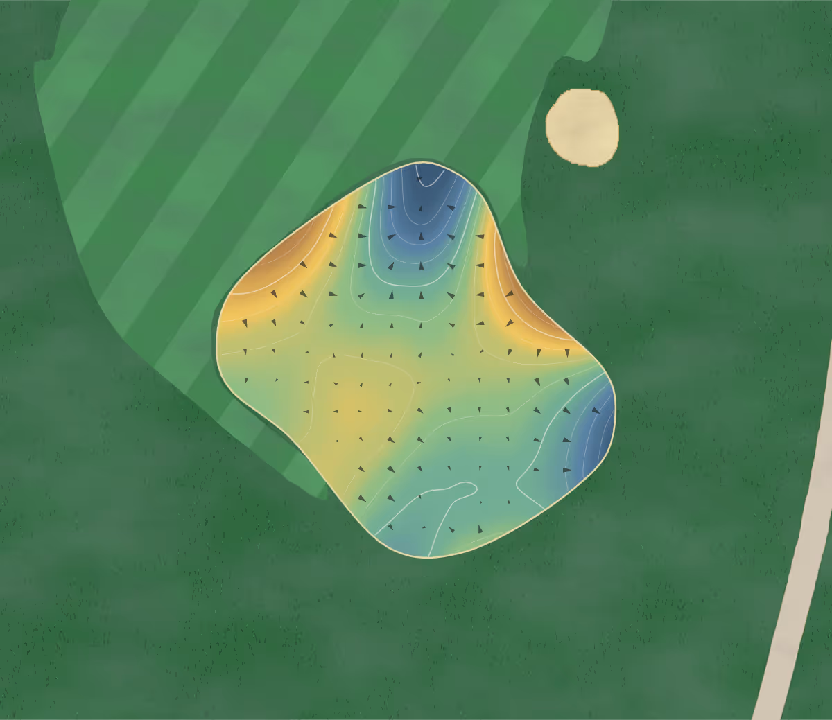 Green contour map of Denne Park in Horsham, England: 198 elevation contours at a 8-centimeter interval with fall-line arrows, traced from 1-meter lidar
