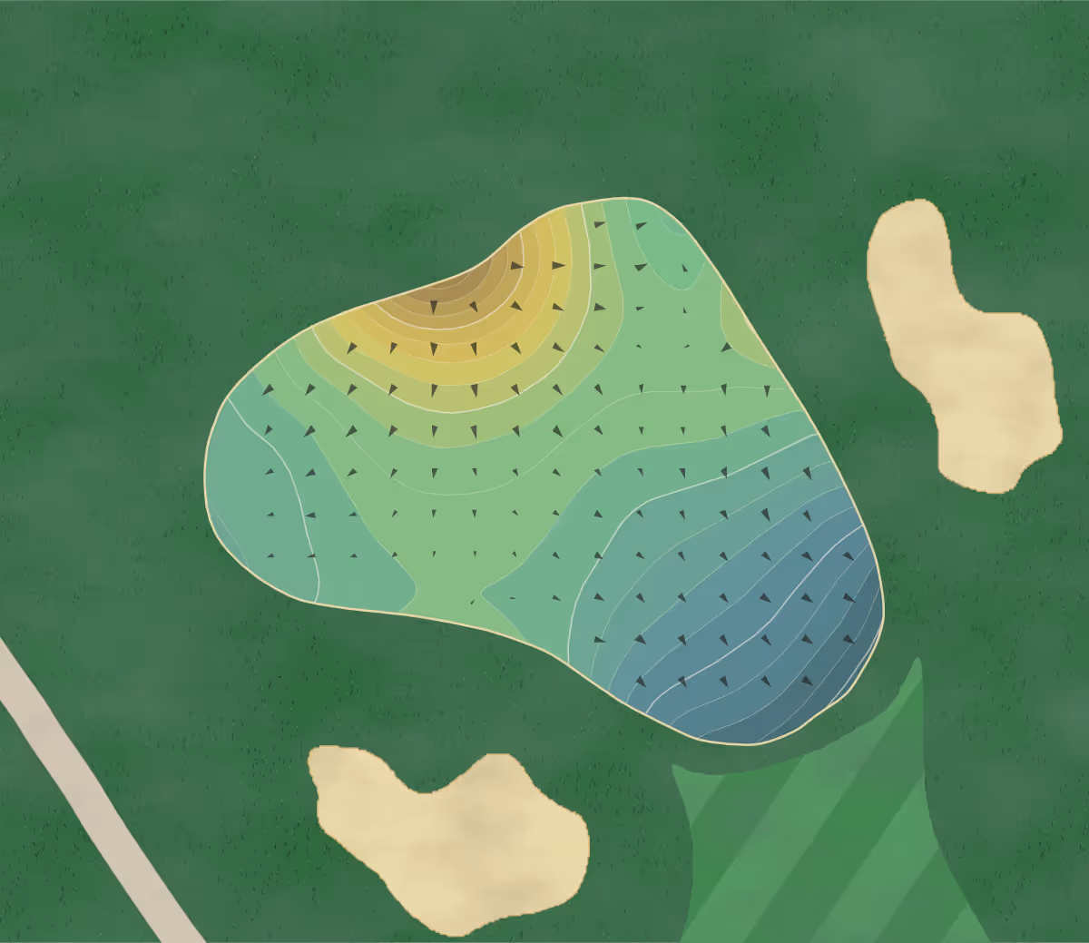 Green contour map of Dennis Highlands in Dennis, Massachusetts — 253 elevation contours at a 3-inch interval with fall-line arrows, traced from 1-meter lidar