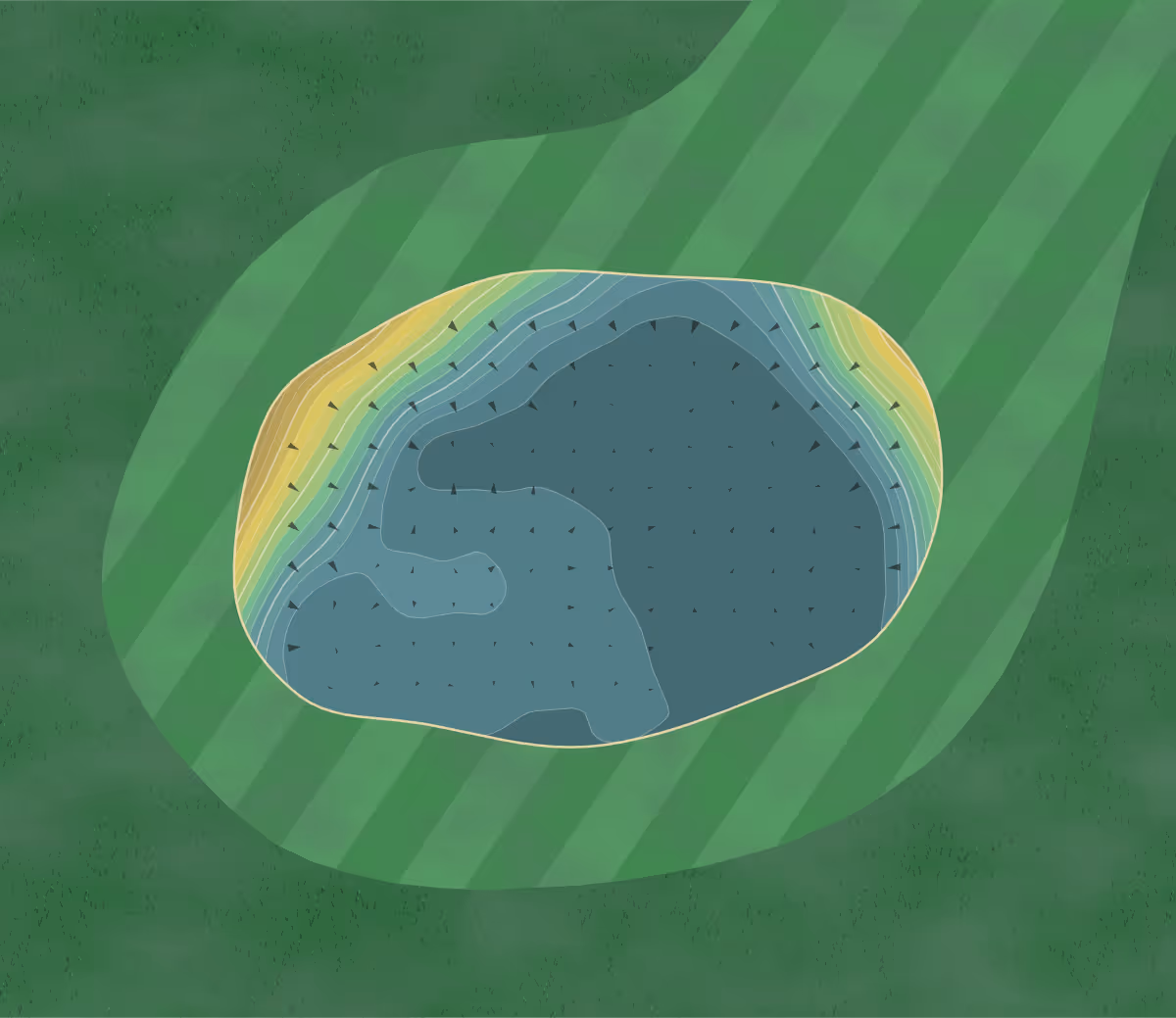 Green contour map of Derby GC in West Midlands, England — 149 elevation contours at a 8-centimeter interval with fall-line arrows, traced from 1-meter lidar