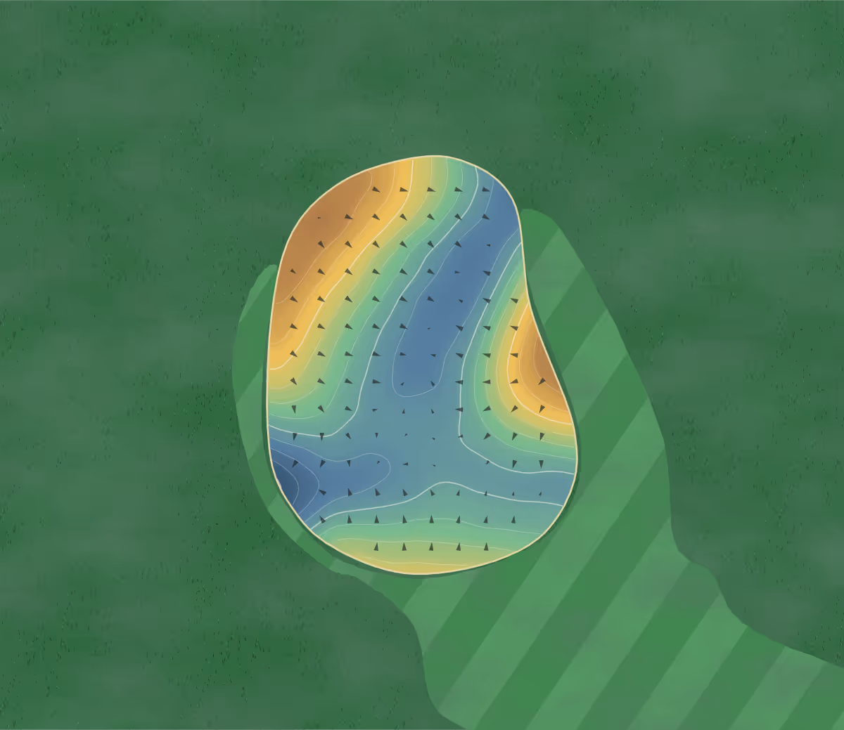 Green contour map of Derllys Court in Dyfed, Wales — 108 elevation contours at a 8-centimeter interval with fall-line arrows, traced from 1-meter lidar