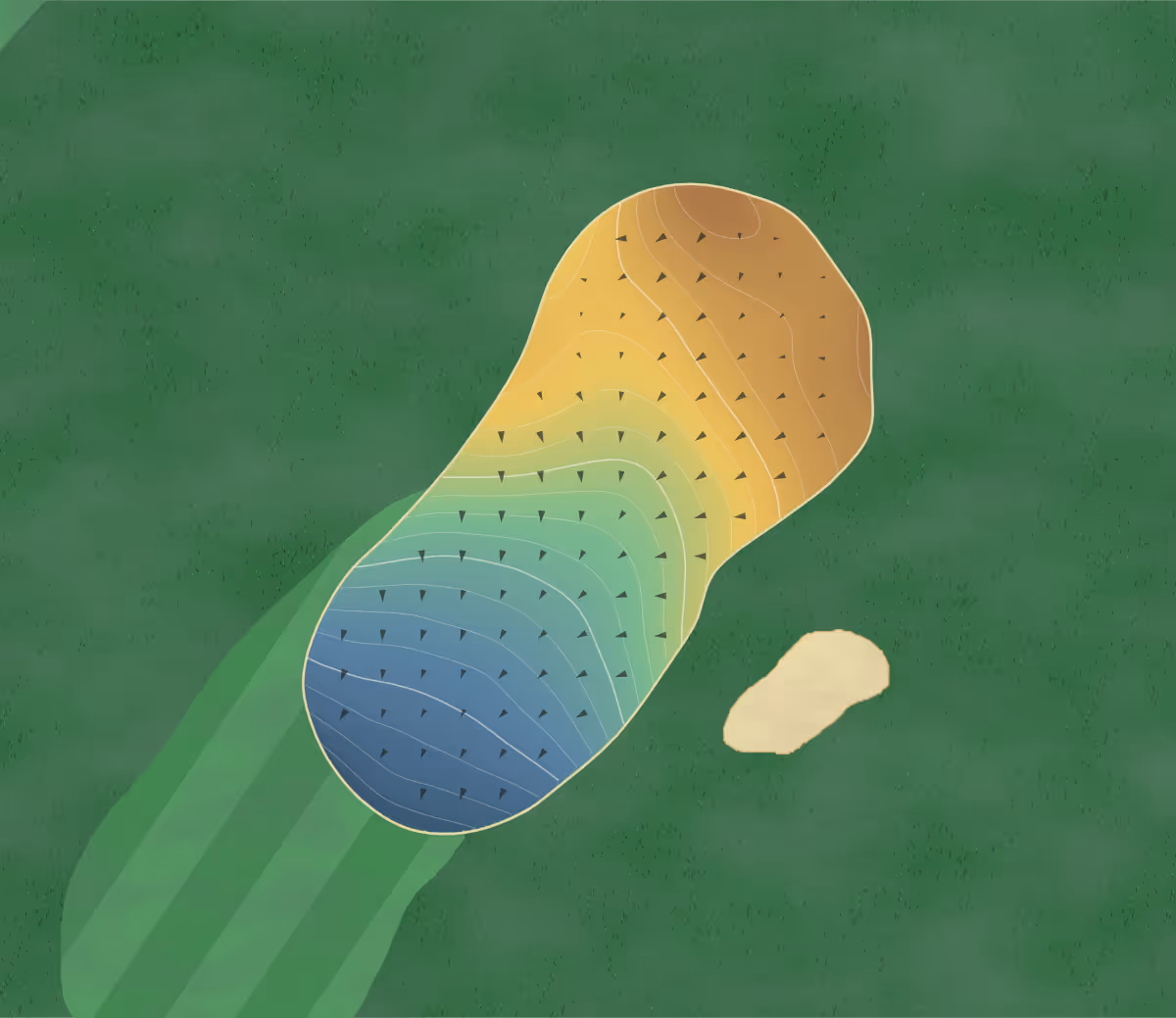 Green contour map of Derrick's Creek Golf in Fayetteville, West Virginia — 267 elevation contours at a 3-inch interval with fall-line arrows, traced from 1-meter lidar