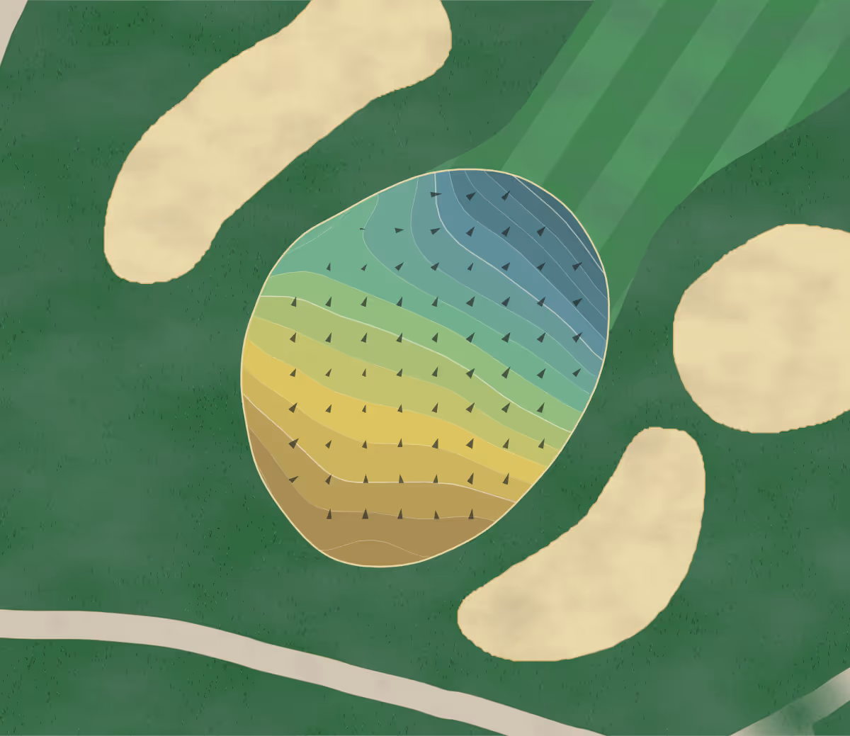 Green contour map of Derryfield CC in Manchester, New Hampshire — 200 elevation contours at a 3-inch interval with fall-line arrows, traced from 1-meter lidar