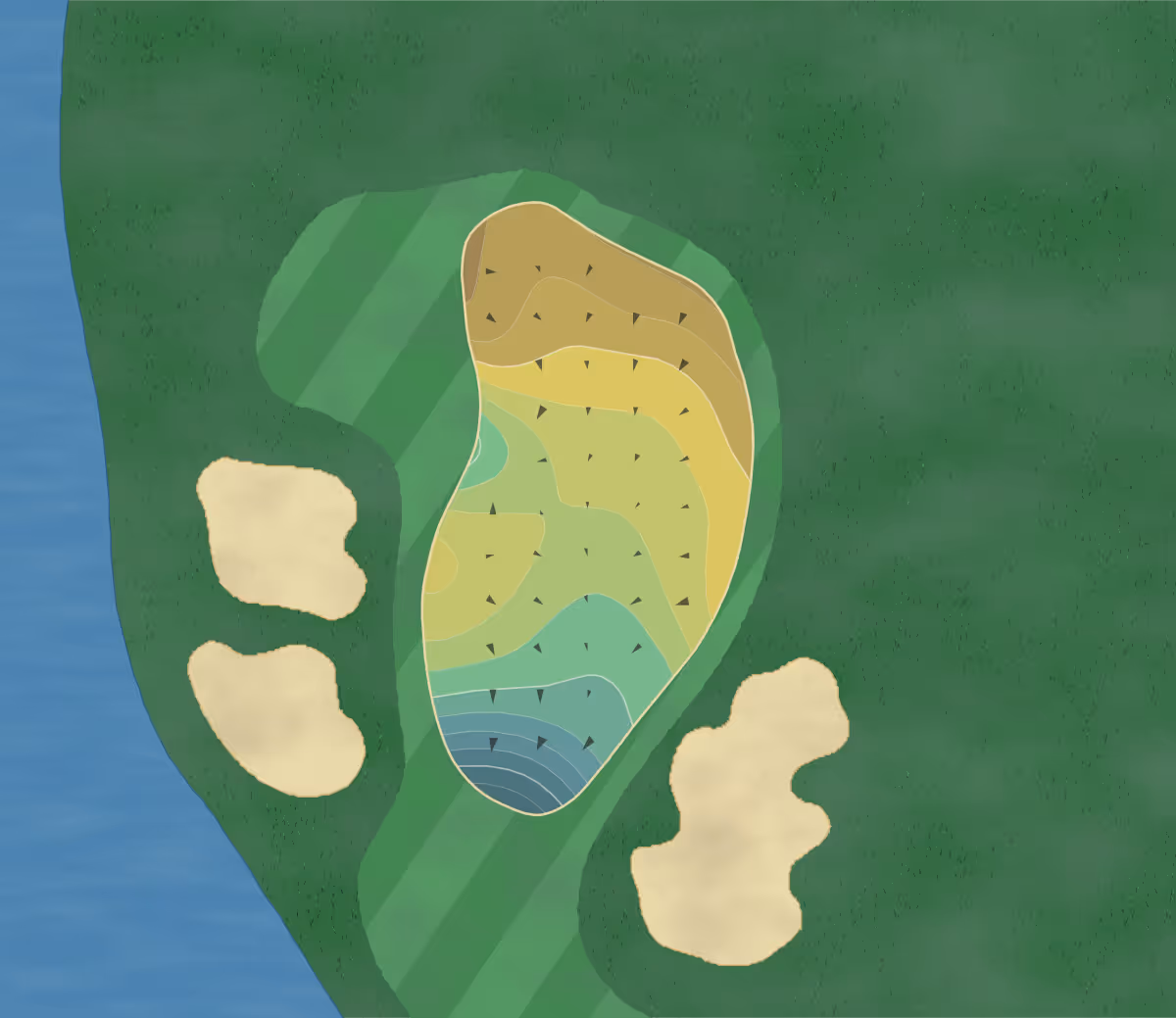 Green contour map of Desert Horizons in Indian Wells, California — 166 elevation contours at a 3-inch interval with fall-line arrows, traced from 1-meter lidar