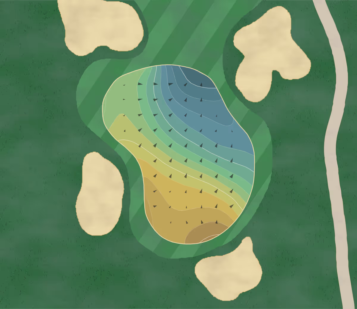 Green contour map of Desert Island in Rancho Mirage, California — 222 elevation contours at a 3-inch interval with fall-line arrows, traced from 1-meter lidar