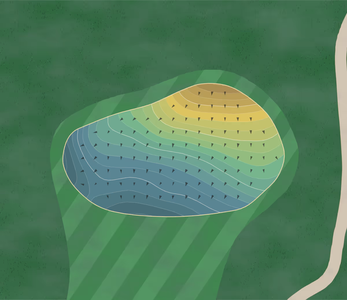 Green contour map of Detwiler in Ohio, United States — 212 elevation contours at a 3-inch interval with fall-line arrows, traced from 1-meter lidar