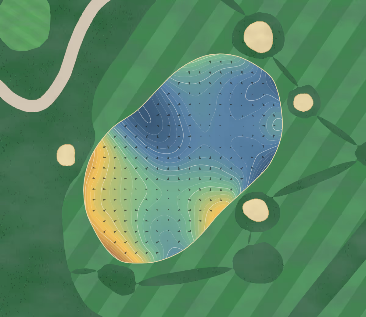 Green contour map of Devil's Paintbrush in Caledon Village, Canada — 381 elevation contours at a 8-centimeter interval with fall-line arrows, traced from 1-meter lidar