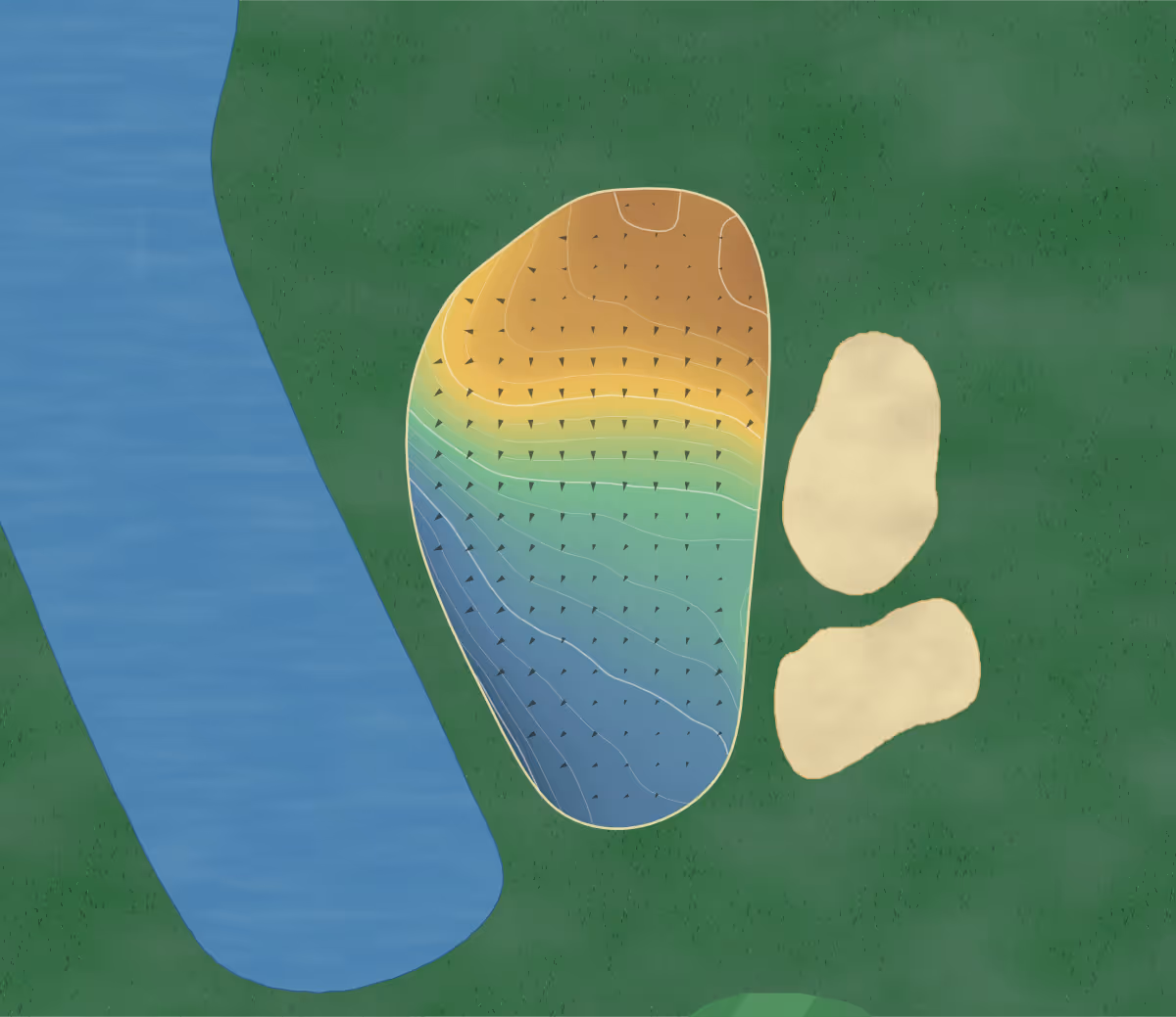 Green contour map of Devon Golf in Devon, Canada — 176 elevation contours at a 8-centimeter interval with fall-line arrows, traced from 1-meter lidar